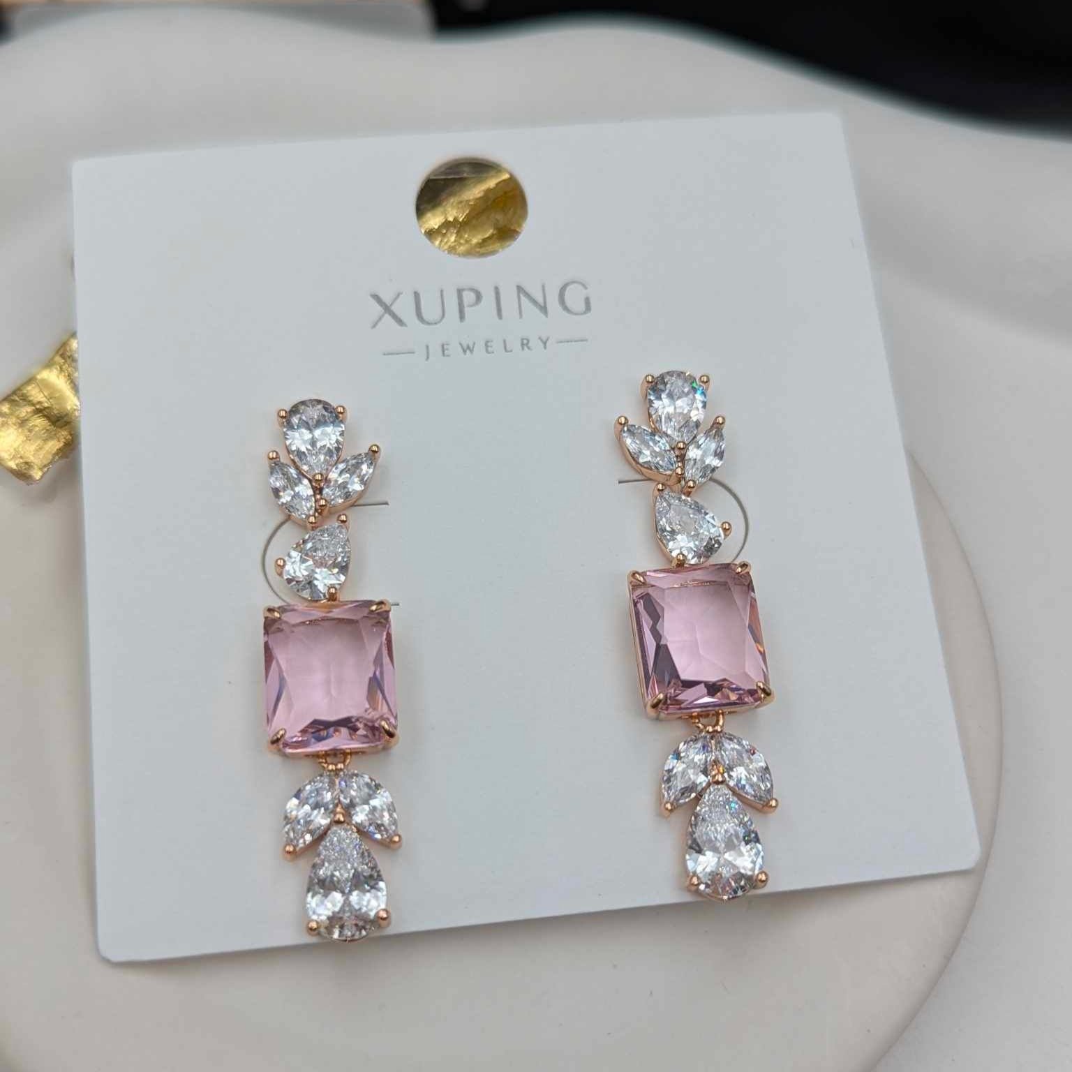 Elegant Rose Blush Drop Earrings with Leaf-Cut Crystals