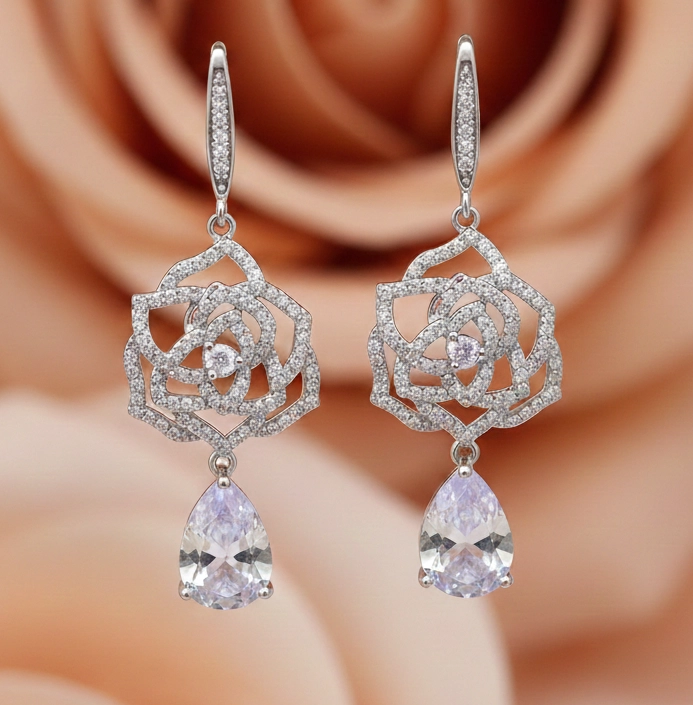 Latest Silver Drop Earrings in Bangladesh | Premium Rose Design